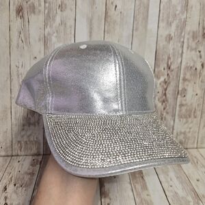 Silver Metallic Rhinestone Bling Baseball Cap Adjustable Glam Festival Hat